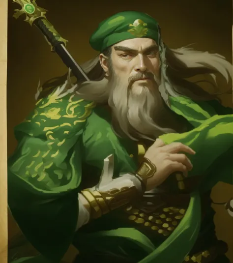 Man with long beard and green hat holding sword, guanyu