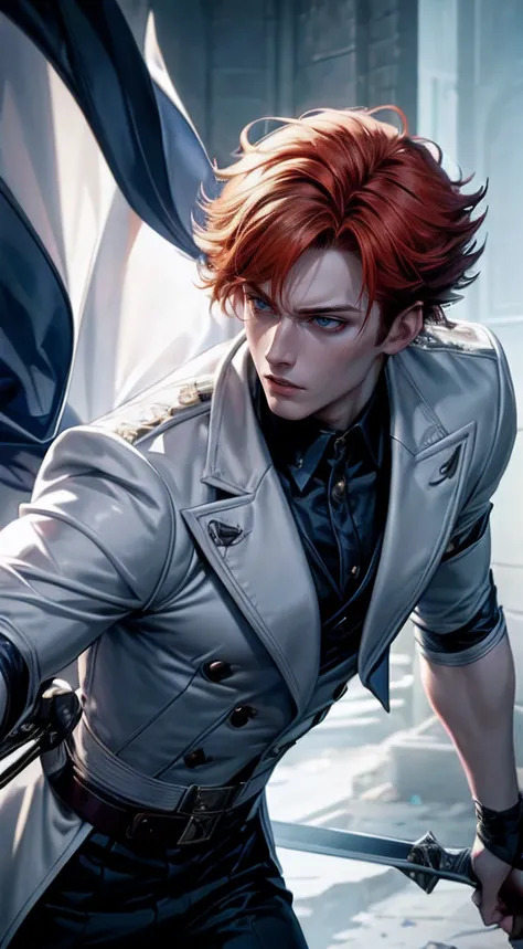 a handsome 25 years old male vampire hunter with short messy ginger hair, pale skin, serious looking, wearing a white and blue assassin outfit, waist up shot, dynamic pose, ambient lighting, photo realism, intricate face detail, intricate hand details, hig...