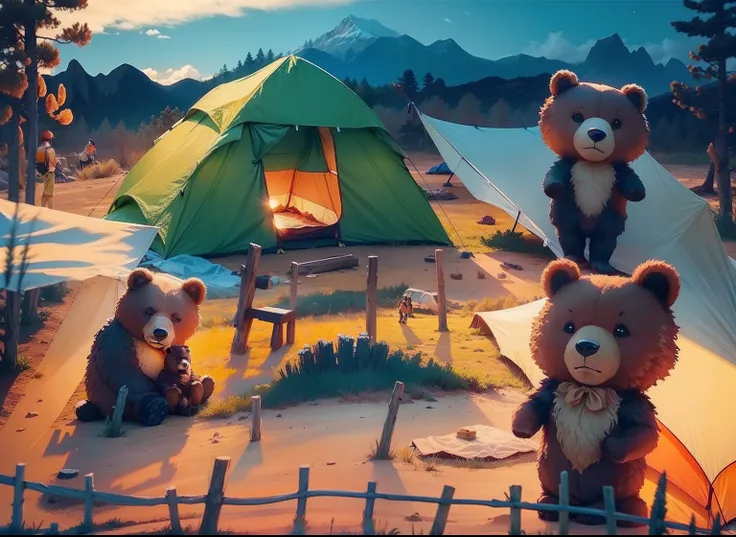 3 Bears family camping outdoors, brown tent, cloudy blue sky