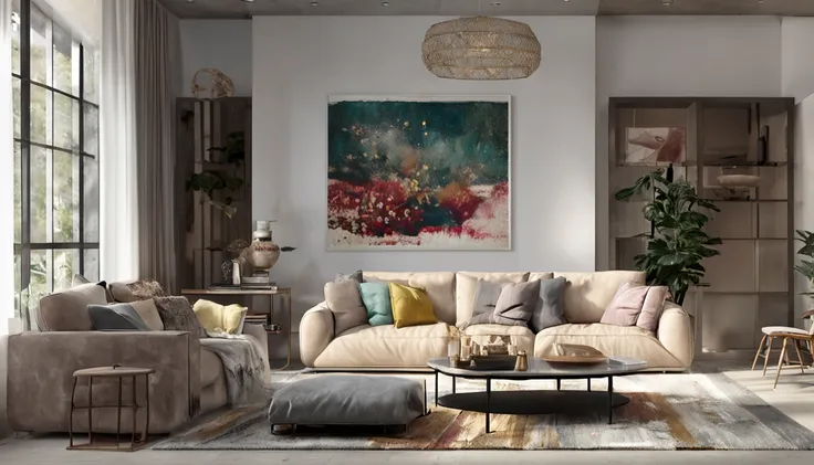 living room with sofa and large painting on the wall, super realistic, light colors, lit.