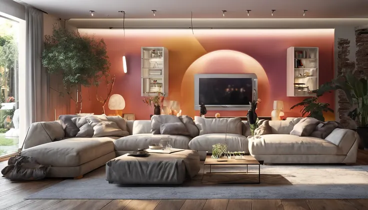 living room with sofa and large painting on the wall, super realistic, light colors, lit.