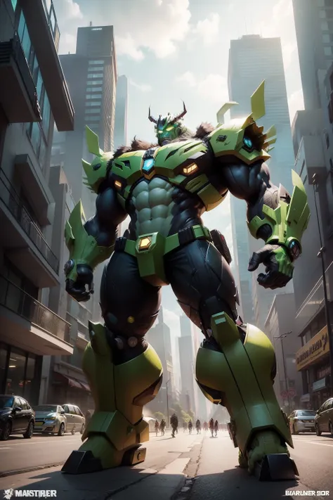 combined hulk and Karakter Bumblebee(transformer), solo, fantastic, detailed, reality, mystical setting and future city