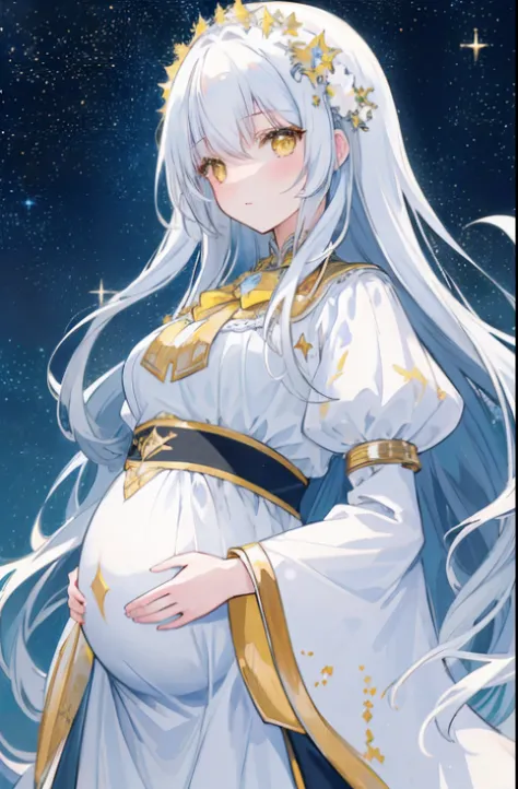 ((Masterpiece)), ((Best quality)), (Amazing Desinger), (best artist), (Best Illustrated Landscape), (Best performance), (4K Full HD), (hdr+), (1girll) with (Long) White hair, (sparkling yellow eyes), In the scenery on the side (Amazing) Starry sky painted ...