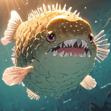 huge puffer Fish with ghostly gold scales, fierce fangs, and a long pink tongue, Masterpiece, Best Quality