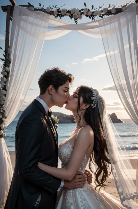 RAW photo, best,masterpiece, best quality, high quality, extremely detailed,bride and groom kissing under a floral arch on the beach, ornate and intricate backdrop, bride and groom, ethereal and dreamy theme, stunning arcanum backdrop, dreamy and romantic,...