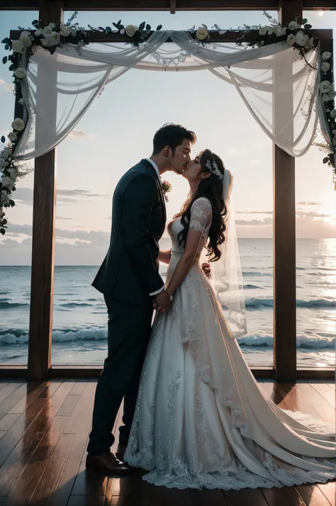 RAW photo, best,masterpiece, best quality, high quality, extremely detailed,bride and groom kissing under a floral arch on the beach, ornate and intricate backdrop, bride and groom, ethereal and dreamy theme, stunning arcanum backdrop, dreamy and romantic,...