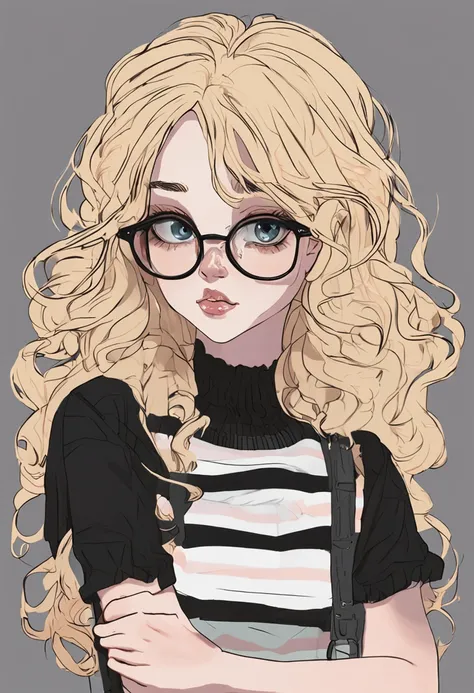 Blonde woman with glasses and black and white striped sweater, a character portrait inspired by Ayami Kojima, Tumblr, Gothic art, belle delphine, 1 7 - year - old anime goth girl, with square glasses, shikamimi, With glasses, goth girl aesthetic, E-Girl, e...