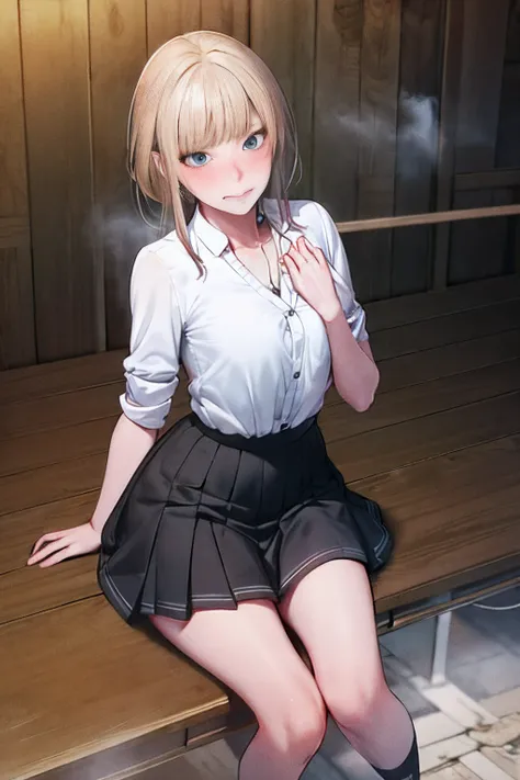 ​masterpiece, top-quality, hight resolution, KR1, Blue eyes, A smile,bangss, white  shirt, a black skirt, Stand on your fingers, pleatedskirt, sockes, small tits, a blond, cowboy  shot,(8K, Raw photo, Best Quality, masutepiece:1.2), high-definition RAW col...