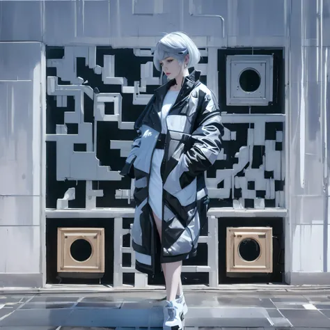 There was a woman wearing a black and white coat and white shoes, styled like ghost in the shell, muted cyberpunk style, wearing cyberpunk streetwear, cyberpunk high fashion, cyber punk style, cyberpunk fashion, biopunk futuristic wardrobe, white cyborg fa...