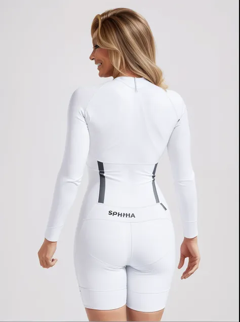 ((Sophia Loren)) smiling in a white wetsuit with a black and gold logo on the chest, back view also, nike cycling suit, back view, detailed white, back - view, backview, glossy white armor, back facing, sleek white armor, 3 / 4 back view, glossy white, sle...