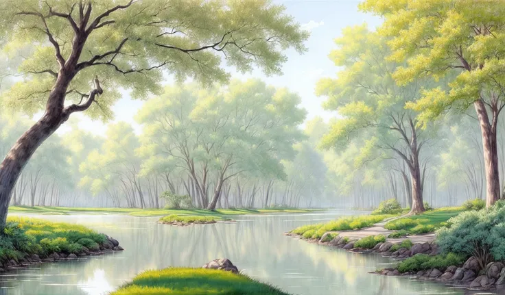 professional watercolor painting of a calm park with trees, next to water,  in landscape with water with pattern at afternoon, summer, studio ghibli smooth concept art, (pale, dim)  colors, beautiful sunny lighting, foggy background, shin hanga, very pale ...