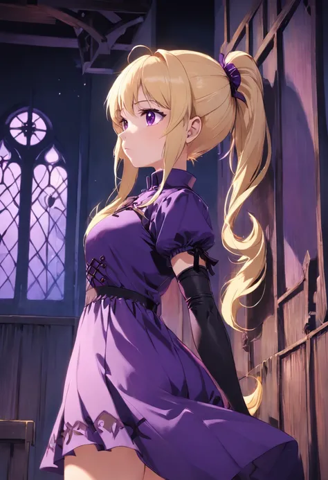 blond girl，Two ponytails，Wearing a purple gothic dress，Leaning against the wall，Chest straight，Has purple pupils