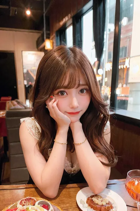 Best Category - Visual Arts: "23 year old woman with fancy costume and cute eyes, Brown hair、Gaze admiringly at a dinner table with medium hair New York City as a backdrop. The scene is a red and orange color scheme, Gives a warm and lively atmosphere."The...