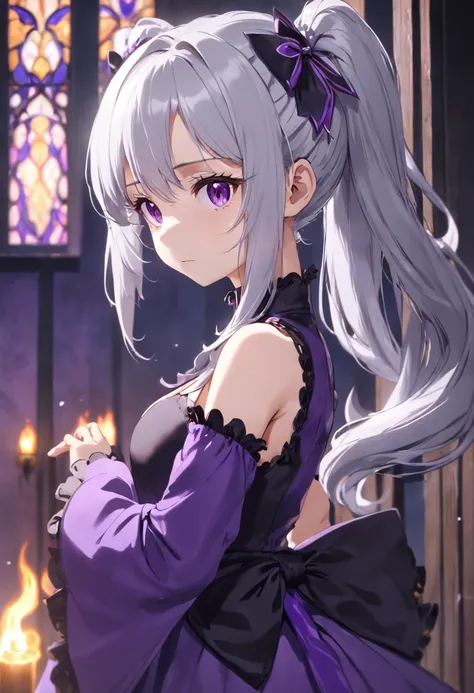 Silver hair girl，Two ponytails，Wearing a purple gothic dress，Leaning against the wall，Chest straight，There are purple pupils