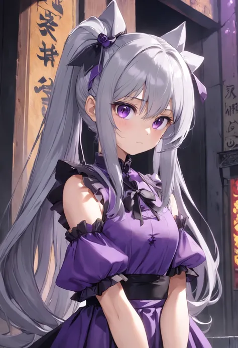 Silver hair girl，Two ponytails，Wearing a purple gothic dress，Leaning against the wall，Chest straight，There are purple pupils