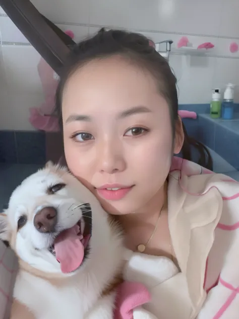 woman with her dog in a bathtub with a pink towel, dang my linh, 30 years old woman, 3 0 years old woman, very very low quality picture, mai anh tran, 1 8 yo, 2 8 years old, selfie of a dog, 2 7 years old, profile image, 2 9 years old, high quality upload,...