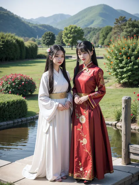 Two Asian women dressed in traditional tulle attire pose for a group photo, Hanfu, Anime cosplay, Anime girl cosplay, ， A girl in a transparent Chinese dress, black and red silk clothing, Chinese costume, with acient chinese clothes, CLASSICSTYLE, Wearing ...