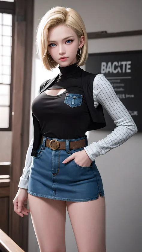 android 18, blonde hair, blue eyes, eyeslashes, hoop earings, short hair, earring
bring, black sock, black shirt, breast pocket,...