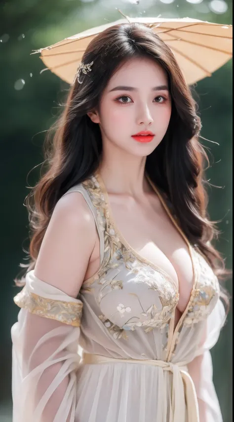 ((Best Quality, 8k, Masterpiece: 1.3)), Focus: 1.2, Perfect Body Beauty: 1.4, Buttocks: 1.2, ((Layered Haircut)), (Wet Clothes: 1.1), (Rain, Street:1.3), (Breasts: 1.2), (Hanfu: 1.2), Bare Shoulders, Bare Legs, Highly Detailed Face and Skin Texture, Fine E...