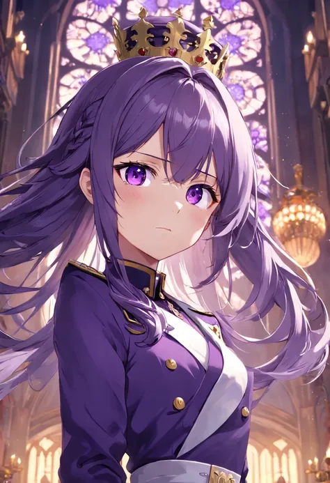 (masterpiece)best quality,anime boy(teen),purple hair,purple eyes,royal uniform,background a lovely british style palace