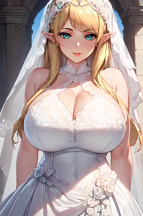 (Best Quality,Unparalleled Masterpiece:1.4),Ultra-Detailed CG 4K,(Ultra-Detailed Clear Absurdly-Vivid Mint Big Eyes:1.2),Gorgeous Round Detailed Face(Voluptuous:1.4)Elf(Gigantic Breasts:1.8)(Voluminous Long Blonde Hair: 1.4),ADULT(Bangs, Sidelocks:1.2)Sedu...