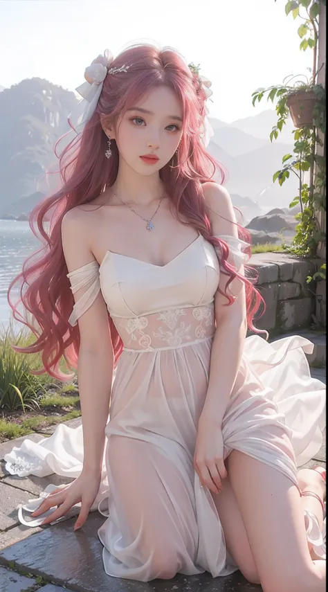 Girl, sexy, wet white silk wedding dress, pink long hair, pink long hair, curly hair, curly hair, smooth long hair, shiny hair, delicate face, delicate lips, delicate eyes, blue pupils, delicate nose, necklace, earrings, hairpins, correct body structure, c...