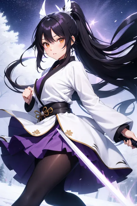 young 1girl, solo, sakifuwa, very long hair, ponytail, orange eyes, black hair, ahoge, black tights, white samurai suit, long leggings, purple strain of hair, very purple long skirt, holding dual sword, frost effects, frost blue, frost pillars, at park