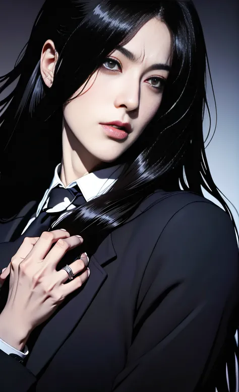 Close-up of a man in a suit and tie, androgynous vampire, junji ito 4 k, with long dark hair, ito junji art, style of junji ito, Dark Costume, portrait of sadako of the ring, beautiful androgynous prince, delicate androgynous prince, with his long black ha...