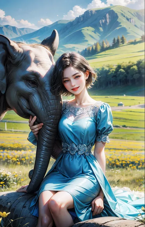 Best quality, 4k picture quality, 1girl, blue dress, fields, hilly terrain, big smiles. Short hair fluttering in the wind, healing smiles, close-ups, sitting in top of the elephant