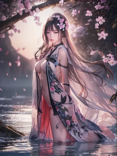 loose outfit、Show shoulders、dark colored kimono、How to wear a black gown、Decorated with intricate patterns and bright colors、Transparent material that makes the skin shine、Artistic depiction of seductive woman in gown with wet thin cloth and transparent sk...