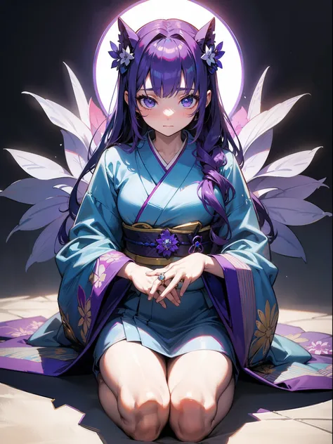 Bellflower girl, purple, blue, looking down, looking down, engagement ring on her right ring finger, extend right hand, kimono, sitting straight, "eternal love", "sincere", "neatness", "submissive", (masterpiece), (ultra-detailed), (perfect anatomy)