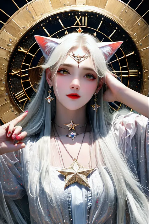 {masterpiece},{bestquality},{1girl},Amazing,beautifuldetailedeyes,finelydetail,Depthoffield,extremelydetailedCG,original,extremelydetailedwallpaper,white_hair,magic_circle,cat_ears,long_hair,white_hair/yellow_eyes,wand,pentagram,clock,{masterpiece},{bestqu...