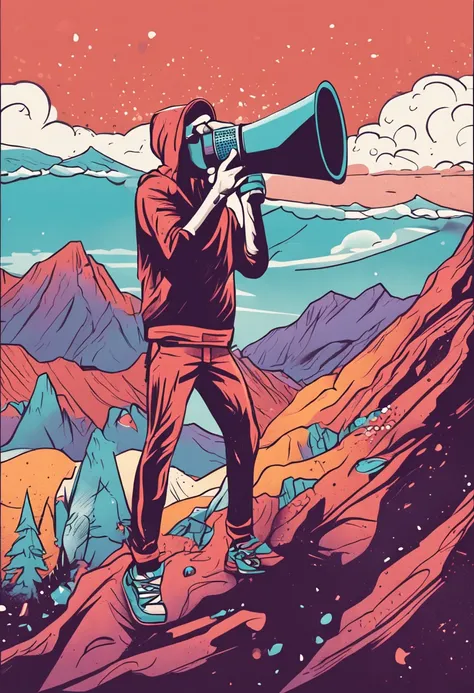 An illustration of an influencer or entrepreneur holding a megaphone and standing on a mountain, with Instagram icons popping up around you.