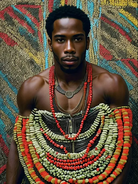 A strong black man with a dropped tip cap half red and half black, sem camisa, usando um saiote nas cores preta e vermelha, bare-legged, em uma dasaos um pequeno tridente e na outra um falo, His chest is covered with threads with beads in the colors red an...