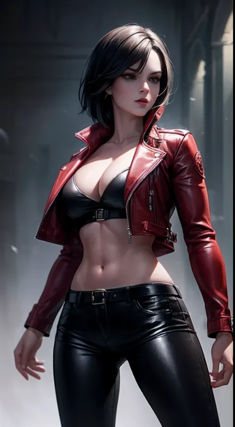 a beautiful 25 years old British female vampire mercenary with short black hair, pale skin, wearing red leather jacket and black tight pants, view from front, waist up shot, dynamic pose, ambient lighting, photo realism, intricate face detail, intricate ha...