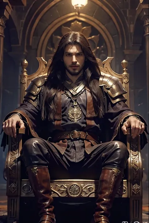 Castlevania Lord of the shadows hyper realistic super detailed handsome muscular full moroccan Armor leather sitting in moroccan great Legendary throne