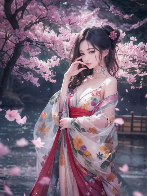 loose outfit、Show shoulders、dark colored kimono、How to wear a black gown、Decorated with intricate patterns and bright colors、Transparent material that makes the skin shine、Artistic depiction of seductive woman in gown with wet thin cloth and transparent sk...