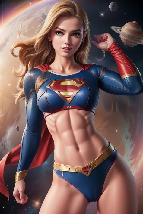 ( Masterpiece, 4k resolution, ultra-realistic, very detailed) Sexy Supergirl revealing abs midriff large breasts  photography by artgerm, in the style of realism, glistening skin, cartooncore, mangacore, natural lighting, Defined full lips. Muscular fitnes...