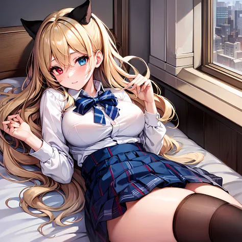 best quality,high resolution,a beautiful girl,15 old year,blonde hair,middle hair,twin drills,hair between eyes,(heterochromia),black eyes,blue eyes,full body,large breasts,school uniform,navy blue socks,lying on the bed,on back,