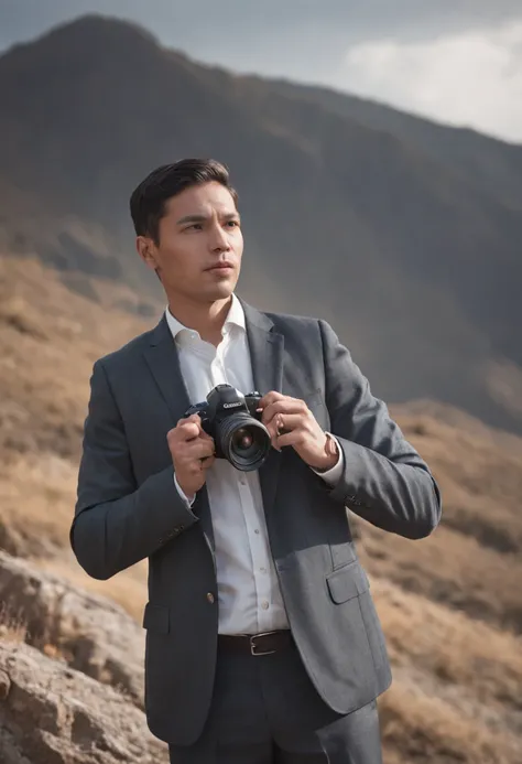 Unmotivated and tired businessman holding a megaphone and standing on a mountain, with Instagram icons popping up around you ultra realistic, rico em detalhes