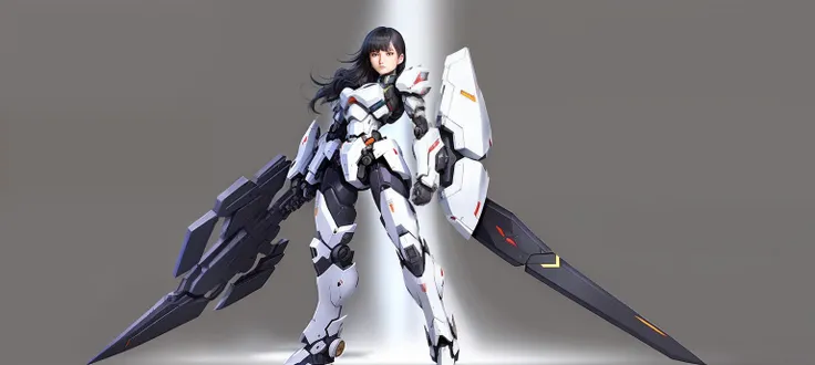 Black-haired mech girl，Inspired by the J-20 fighter，Mecha are mainly gray seductive anime shoujos, Anime figure; Full-body art, A young girl with fair skin，Without losing the firmness of the warrior，In his left hand he holds a black metal spear 130 cm long...