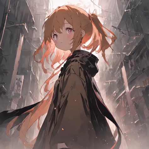 tan hair、Double ponytailed girl in black cape，Standing on a bloody street，Shady style，城市，terroral，cold shades，Perspective painting，Big perspective，Dark and terrifying，Black and white anime art style，A high resolution，high qulity，wide wide shot，Look up at t...