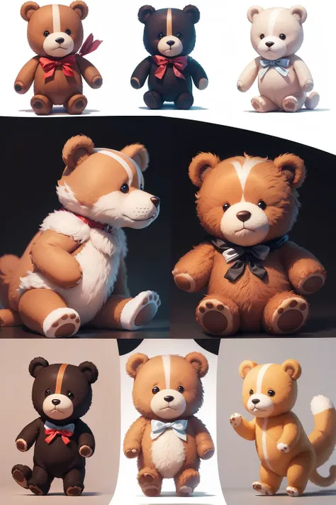 A very dynamic scene. Adventurous funny funny funny teddy bear. various poses and expressions on white background, simple, children book illustration. Fluffy Style, 6 years old, Short brown fur, solid color