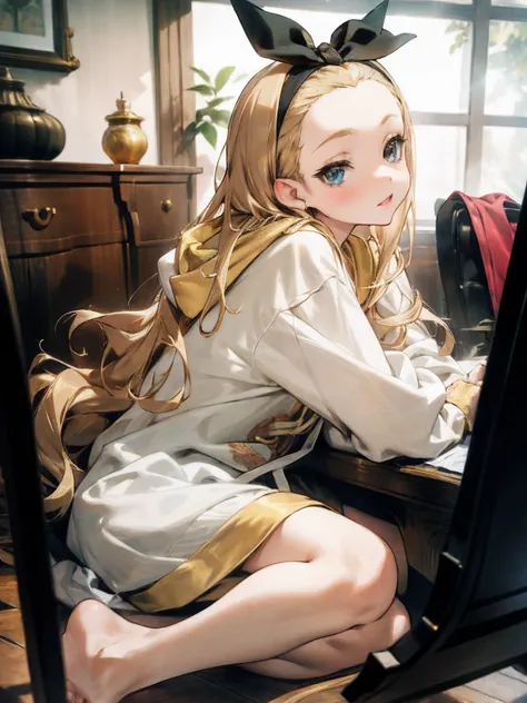 (masterpiece, sidelighting, finely detailed beautiful eyes: 1.2), masterpiece*portrait, realistic, 3d face, lustrous skin,looking to the side,from side,  1girl,solo, arms,blonde hair, long hair, hood, blue eyes, barefoot, hoodie, hairband, ribbon, white ho...