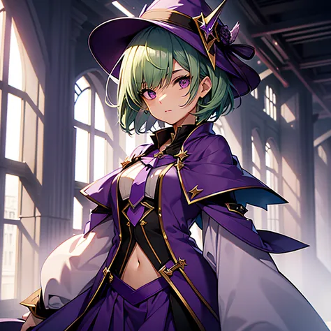 top-quality、extremely delicate and beautiful、(A teenage girl)、Purple Eye、Green hair、short-haired、(Purple pointy hat)、Purple tie、Soio、shortsleeves、Purple skirt、Purple Wizard Robe、Navel、is standing