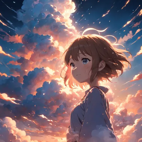 masterpiece, best quality, movie still, 1girl, cloud girl, floating in the sky, close-up, bright, happy, warm soft lighting, sunset, (sparks:0.7)