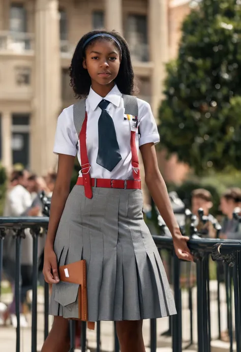 "ultra-realistic image of a gorgeous south African 19 year old,taken with iphone 14 pro, perfect body, caramel skin, Aya jones, wearing a school uniform,tie, girl wearing uniform, wearing gray skirt, white tshirt with school tie, 19 years old, of a schoolg...