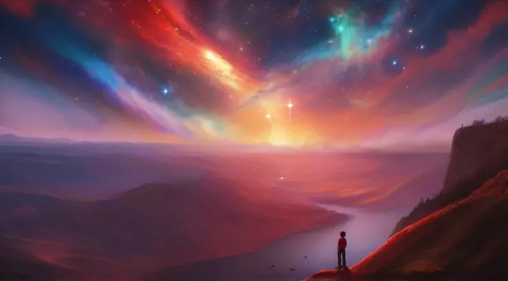 a picture of a young kid standing on top of canyon, looking at the space with an exploding star, red and multicolor surrounding, shining stars in background