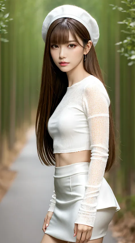 (Best Quality, masutepiece, Ultra HD: 1.3), 1girl in, middlebreasts, light brown hair, Blunt bangs, hair behind ear, hair over shoulder, Long hair, slender body shape, Ultra Fine Face, Delicate lips, Beautiful eyes, Double eyelids, lipsticks, thin blush, e...