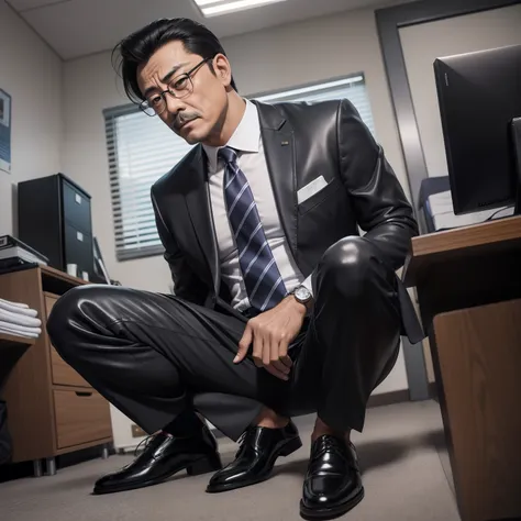 age 55，Kogoro Mouri，uncles，Gay，Tong，Bulge，fortitude，Sitting in the office，Black short stockings，Slip leather shoes，(There is a milky white liquid on the leather shoes )lbeard，fortitude，Bukkake，k hd，artwork of a，wear suit，The crotch has columnar protrusions...